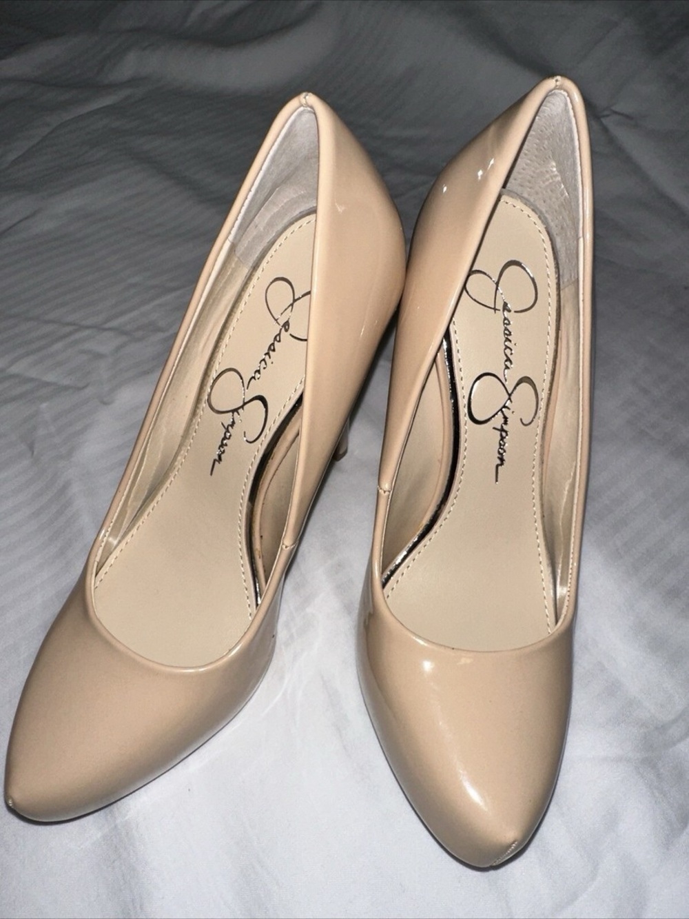 Jessica Simpson Beige Patent Pointed-Toe Pumps